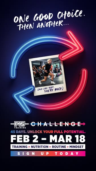 This image ad for F45 Training promotes their 45-day challenge with the tagline 'Unlock Your Full Potential'. It