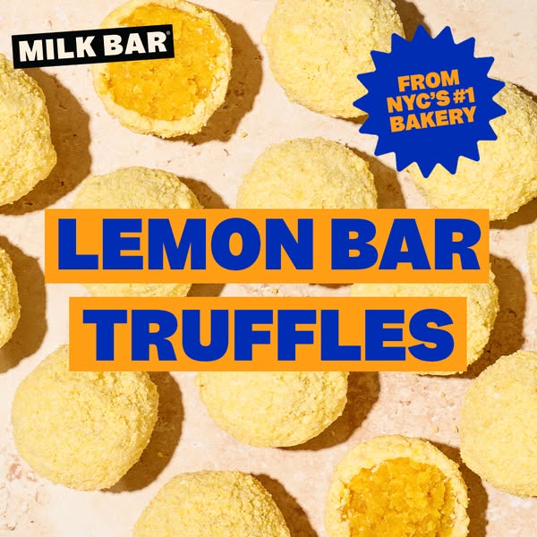 This ad uses a flatlay image to focus on Lemon Bar Truffles. The layout is simple and the design of the text is bold wit