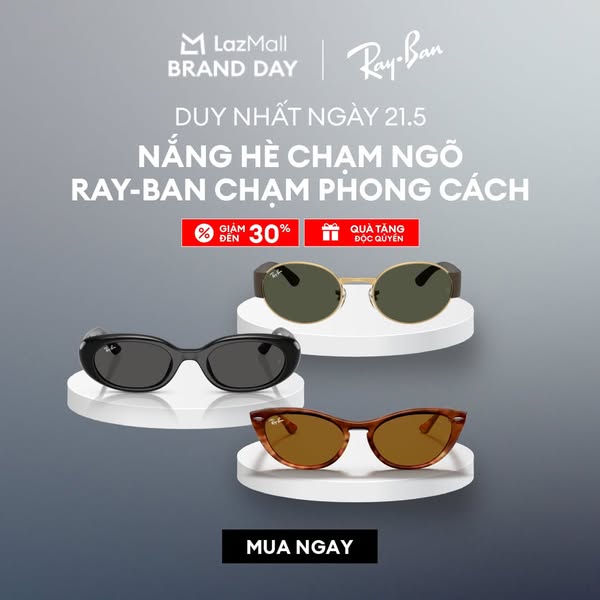 This ad for Ray-Ban sunglasses features three pairs of sunglasses arranged on platforms against a gradient background. T