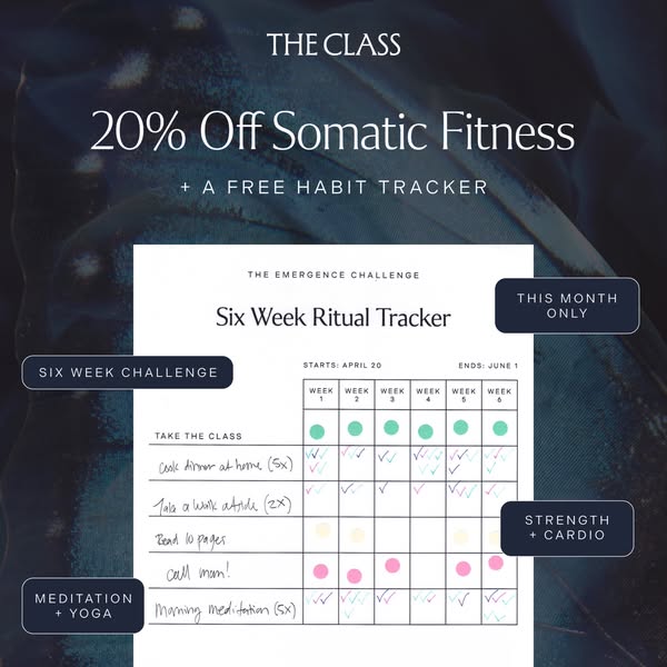The ad is for The Class, promoting 20% off somatic fitness classes and a free habit tracker. The visual features a '