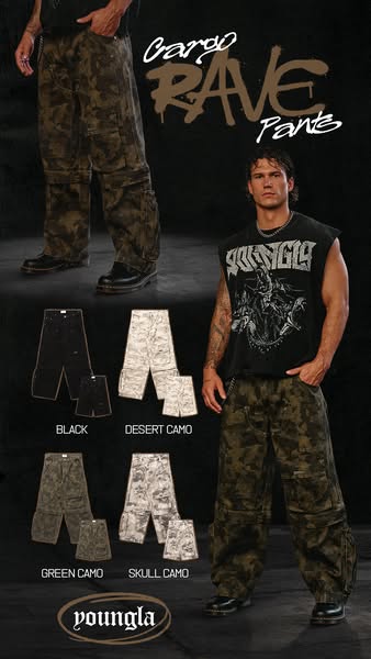 This image ad showcases YoungLA's Cargo Rave Pants, displaying the product in various colors and worn by a model to 