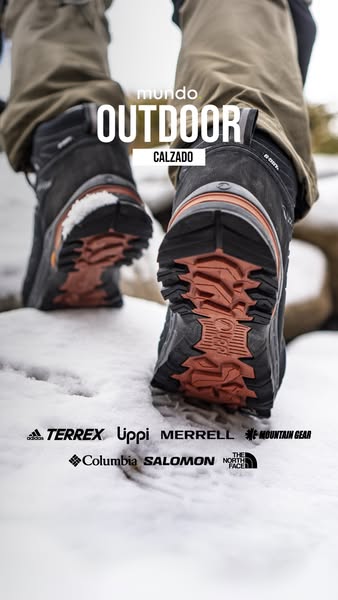 This ad features a close up shot of hiking boots with logos from various brands that make hiking boots.