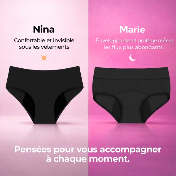 The ad compares two types of black underwear, Nina and Marie. Nina is designed to be comfortable and invisible, while Ma