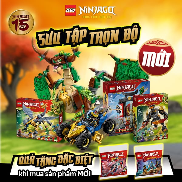 This ad showcases a collection of LEGO Ninjago sets, highlighting a special offer for new purchases.