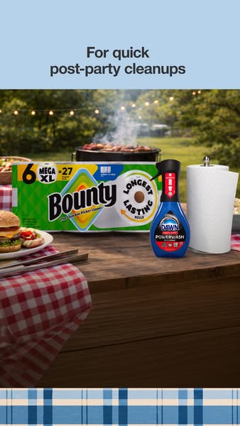 The ad showcases Bounty paper towels and Dawn Powerwash spray as helpful tools for quick post-party cleanups. The image 