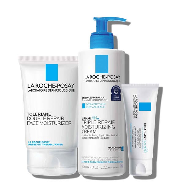 This ad features three La Roche-Posay products: Toleriane Double Repair Face Moisturizer, Lipikar AP+M Triple Repair Moi