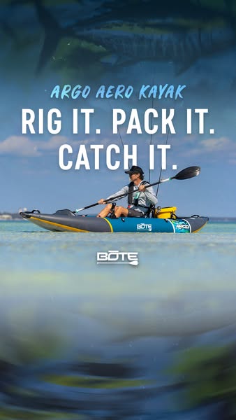 The ad showcases an inflatable kayak, showing how it can be rigged, packed, and used to catch fish.