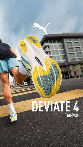 This Puma ad showcases the brand's new running shoe, Deviate 4. The ad is shot from a low angle to exaggerate the he