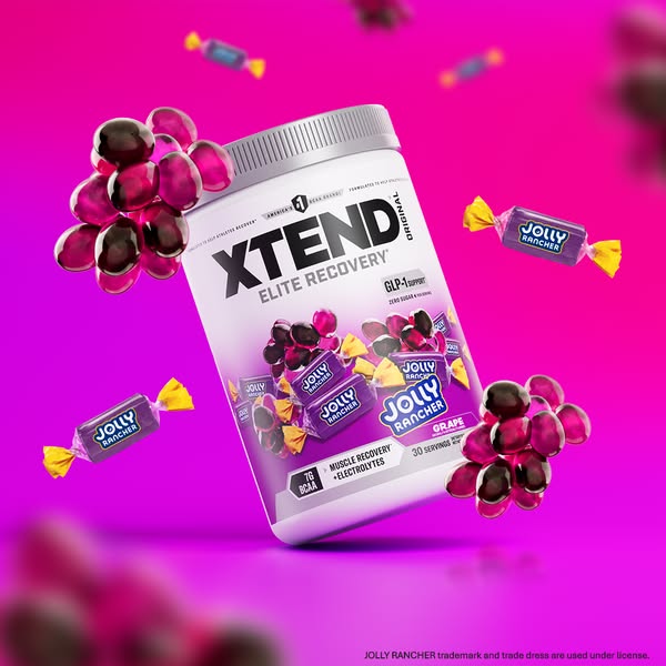 This ad features Xtend Elite Recovery powder with Jolly Rancher grape flavor. It highlights the product's benefits, 