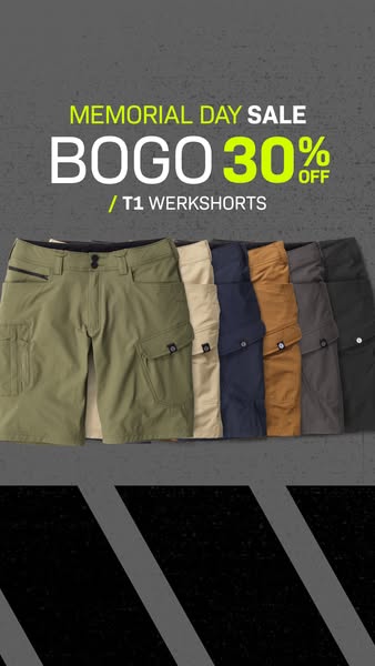 This ad is for T1 Werkshorts. The ad features a buy one get one 30% off sale for Memorial Day.