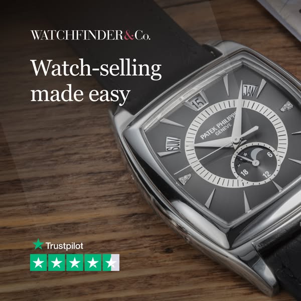 This ad for Watchfinder & Co. features a close-up of a luxury watch on a wooden surface. The ad's headline indic