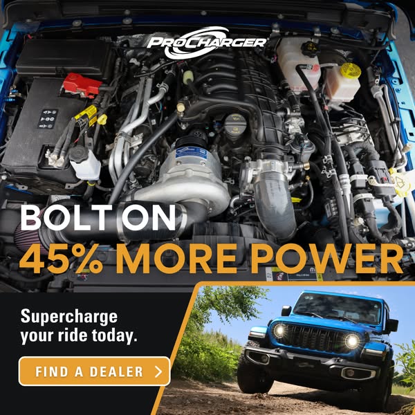 This image ad for ProCharger features the product as well as a blue Jeep Wrangler that has been upgraded with it. The pr