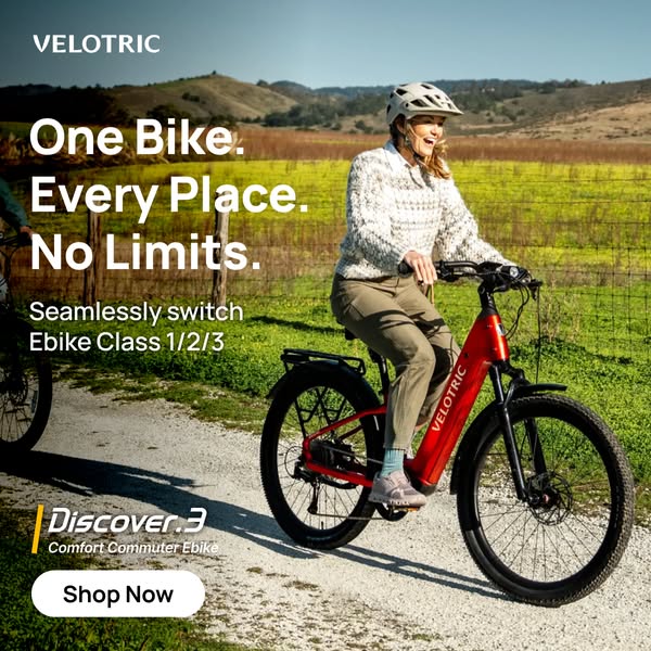 This image ad for Velotric showcases the Discover.3 Comfort Commuter Ebike. The ad highlights the bike's versatility