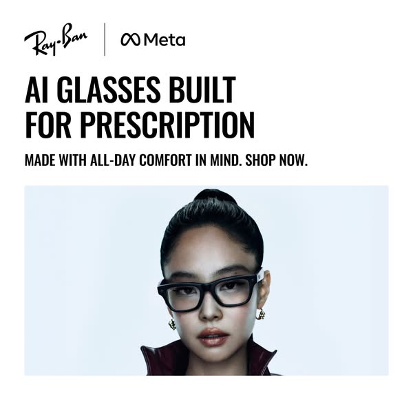 An image ad showcases AI glasses built for prescription lenses in collaboration with Meta, emphasizing all-day comfort a