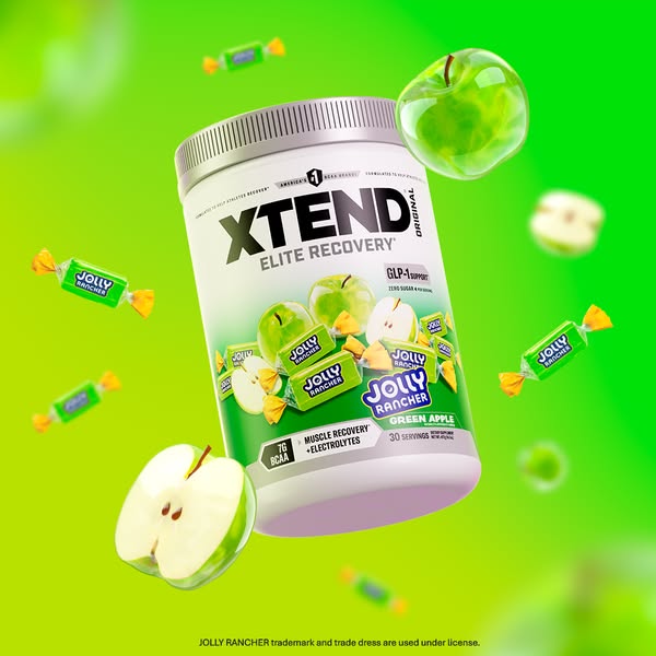 This ad features Xtend Elite Recovery protein powder in a Jolly Rancher Green Apple flavor. It highlights muscle recover