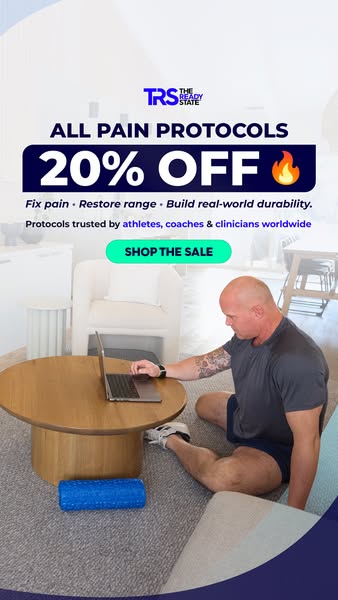 The ad promotes TRS All Pain Protocols, offering a 20% discount. It features a man using a laptop in a comfortable setti
