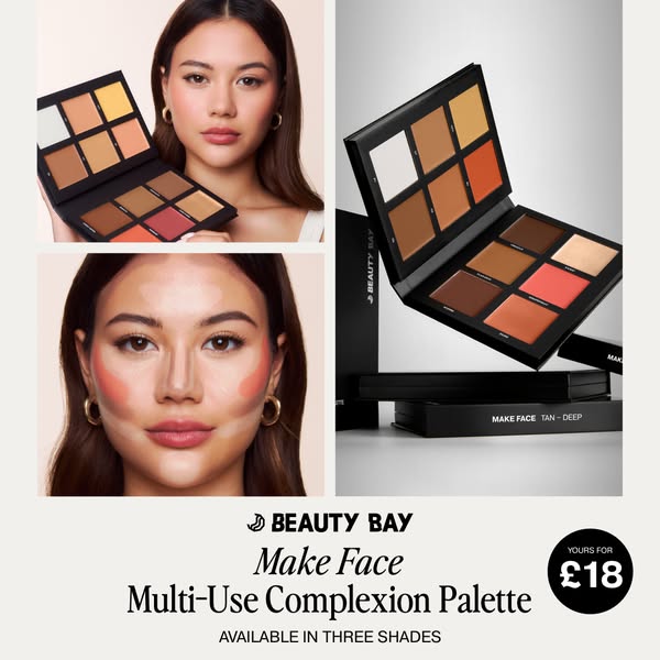 This ad showcases the Beauty Bay Make Face Multi-Use Complexion Palette. It features a model holding the palette, a clos