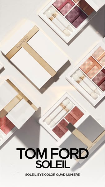 This ad features Tom Ford's Soleil Eye Color Quad Lumière, showcasing the product's packaging and color palettes