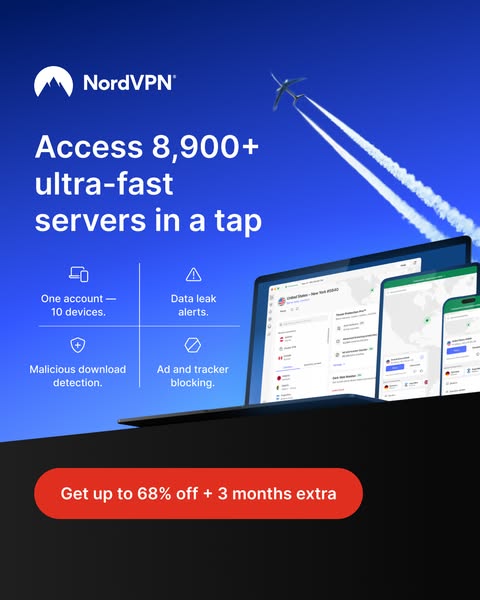 This image ad promotes NordVPN, highlighting its speed, server count, and security features, along with a limited-time o