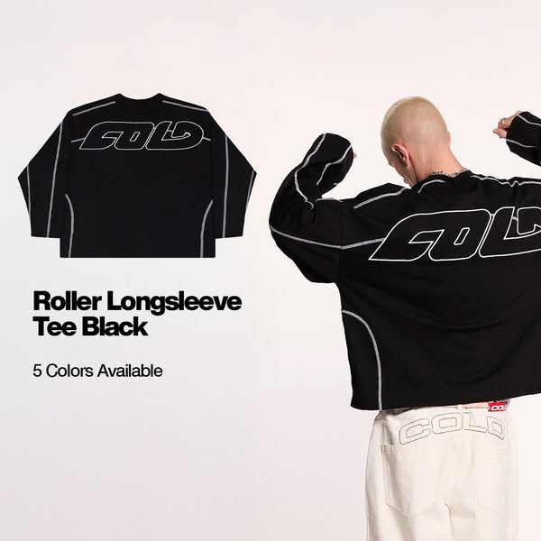 This ad features a black long-sleeve shirt with white trim and the brand name across the chest. The ad highlights the av