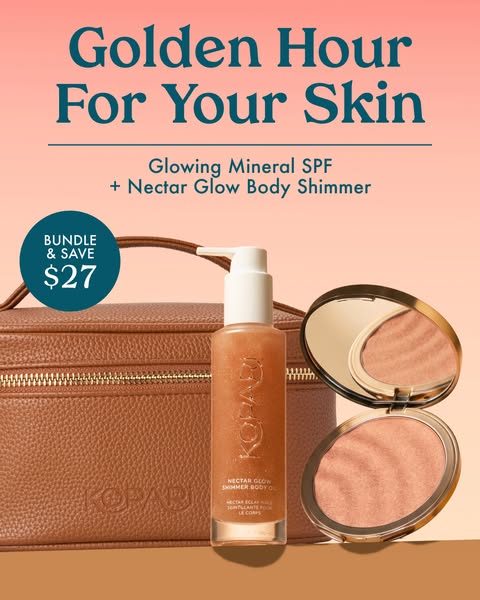 This image ad promotes a bundle of Kopari products, including Glowing Mineral SPF and Nectar Glow Shimmer Body Oil, posi