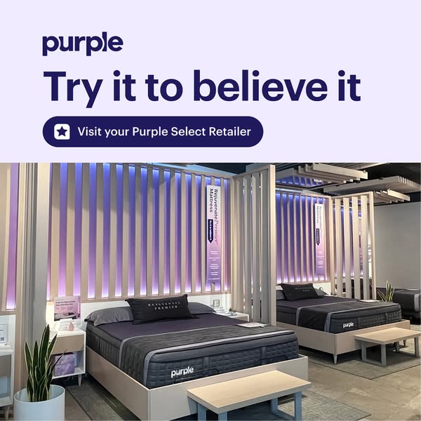 This image ad promotes Purple mattresses and encourages potential customers to visit a Purple Select Retailer.
