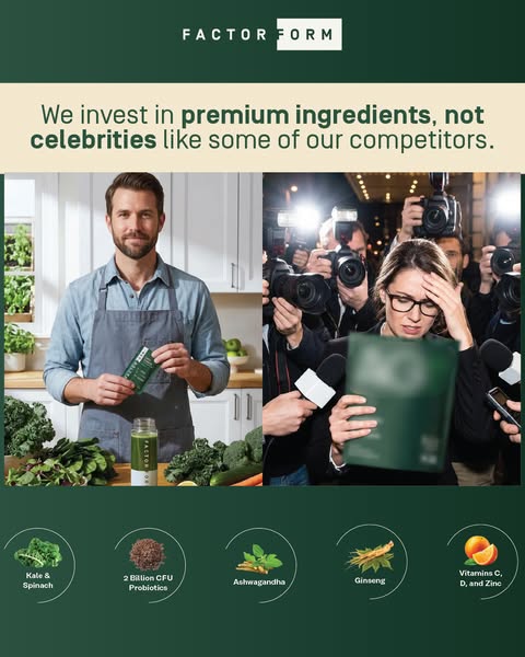 The image is an advertisement for Factor Form, a brand of nutritional supplements. It positions itself as focusing on pr