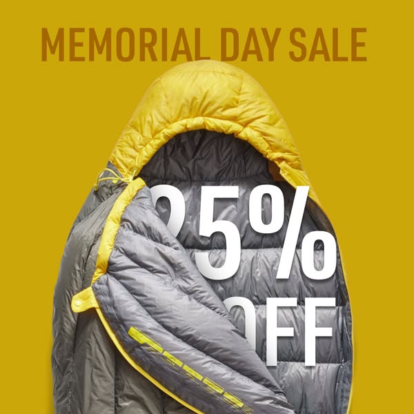 This ad for an outdoor brand features a sleeping bag with a Memorial Day sale discount. The image is simple and showcase