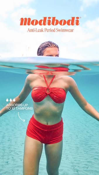 This ad showcases Modibodi's anti-leak period swimwear. The ad features a woman in the water wearing the swimwear, h