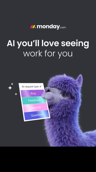 This ad for monday.com features a purple alpaca holding a card that lists different AI request types.