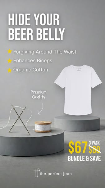 This image ad showcases 'The Perfect Jean' brand's t-shirts, highlighting their ability to provide a forgivi