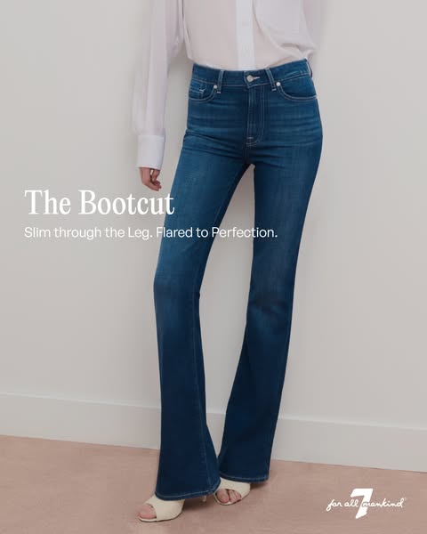 This image ad for 7 For All Mankind showcases their bootcut jeans, highlighting the slim fit through the leg and flared 