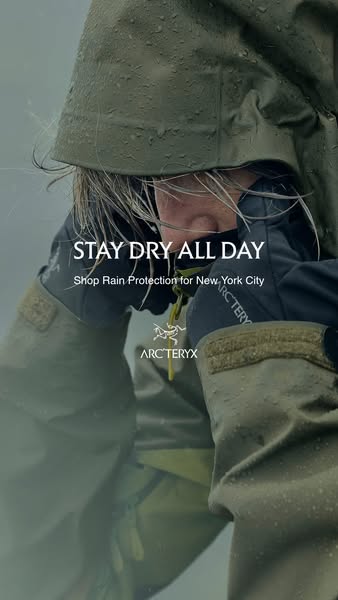 This ad for Arc'teryx focuses on rain protection clothing for New York City. The ad features a person wearing a hood
