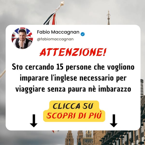 This image ad promotes English language learning with Fabio Maccagnan. It's formatted as a social media post. The ad