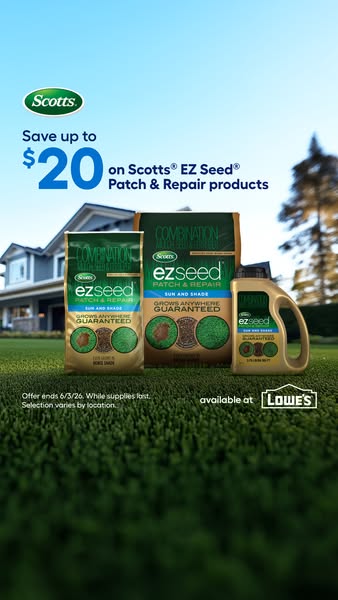An advertisement for Scotts EZ Seed Patch & Repair products, offering up to $20 off. It highlights the 'Grows An