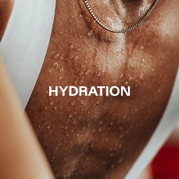 This image ad features a close-up of a person's skin with water droplets and the word "HYDRATION" overlaid