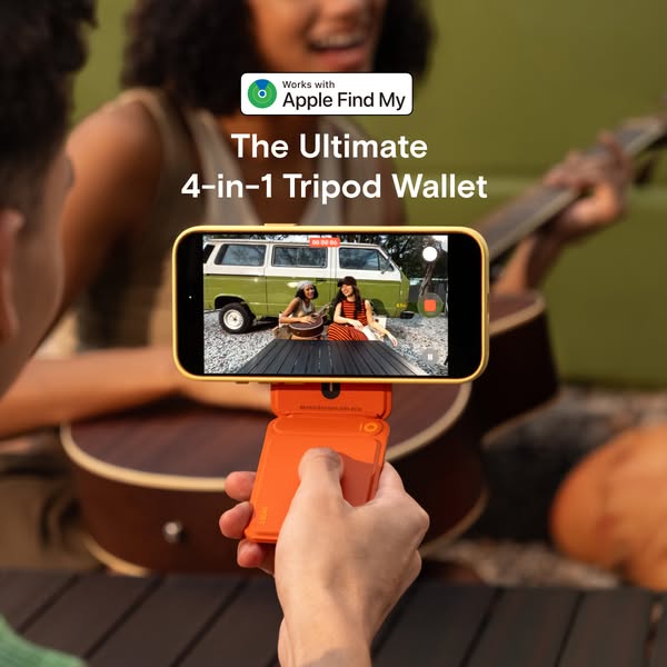 An image ad showcasing the 4-in-1 Tripod Wallet from Moft. The ad shows the wallet being used as a phone tripod and high