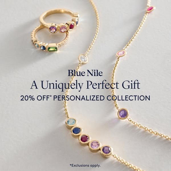 This image ad from Blue Nile promotes a 20% discount on their personalized collection. It features a curated selection o