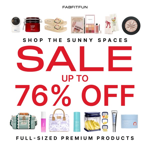 This ad for FabFitFun promotes a sale of up to 76% off on full-sized premium products.