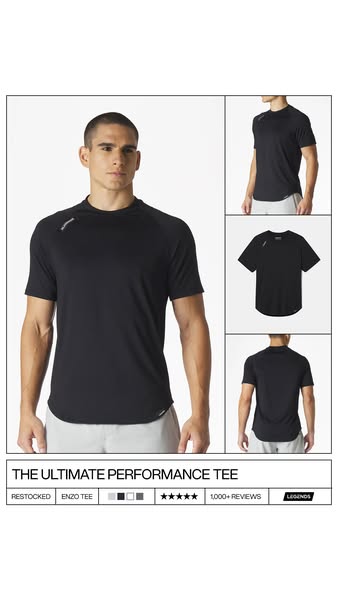 This ad promotes the Enzo Tee from Legends. The ad displays multiple angles and colors of the tee.