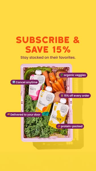 This ad showcases a subscription service that delivers pre-made food pouches along with organic vegetables directly to y