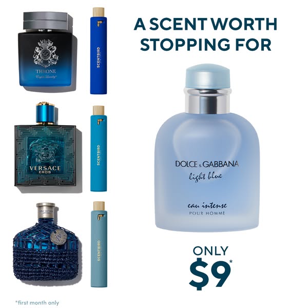 This image ad features a grid of luxury colognes from brands such as Versace and Dolce & Gabbana, as well as the Sce