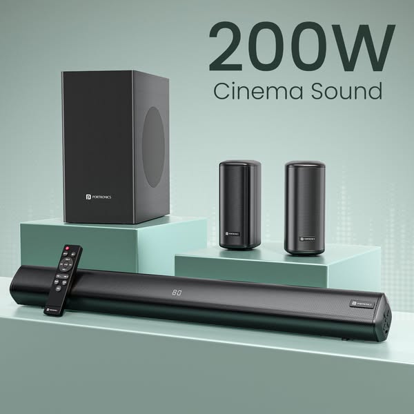 This ad features a display of the Portronics sound system with the headline "200W Cinema Sound". The backgroun