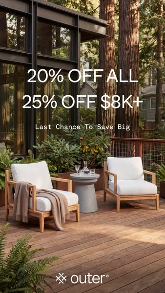 This image ad by Outer features a high-end outdoor living space with a discount offer, targeting customers looking to sa