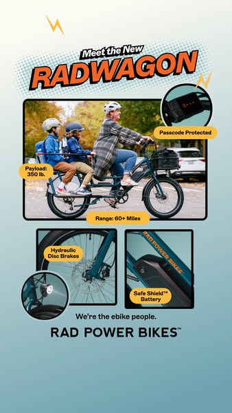 This image ad for Rad Power Bikes features a family riding the RadWagon ebike, highlighting its key features such as pay
