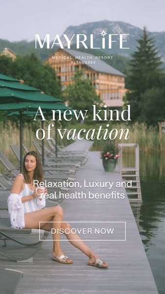 An image ad for Mayrlife Medical Health Resort featuring a woman relaxing on a lounge chair near a lake.