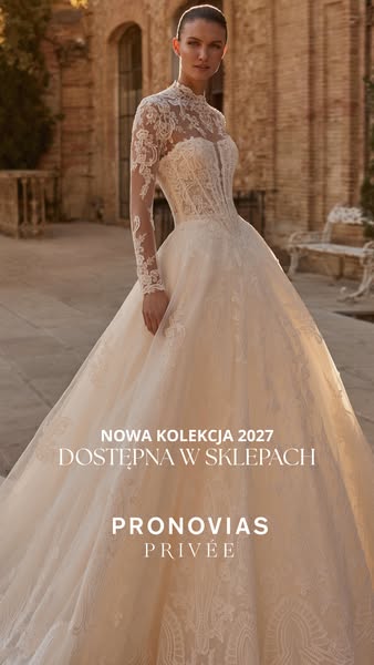 This image ad features a model wearing a Pronovias wedding gown, emphasizing the brand's new collection and availabi