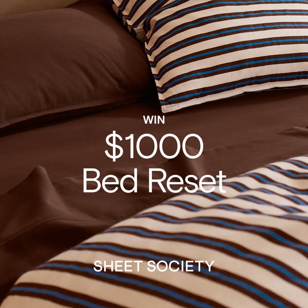 This image advertises a chance to win $1000 towards a "Bed Reset" from Sheet Society. The visual focuses on th