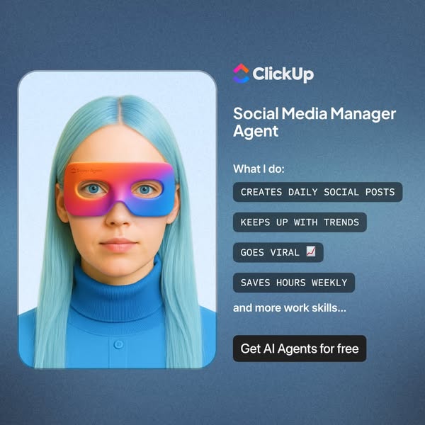 The image is an advertisement for ClickUp's AI agents, specifically a social media manager agent. It features a pers