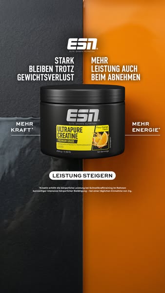 This image ad for ESN's UltraPure Creatine highlights the product's ability to build strength while losing weigh